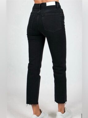 Re/Done High Rise Stove Pipe Straight Leg Cropped Jeans Jet Black Raw Hem Sz 25